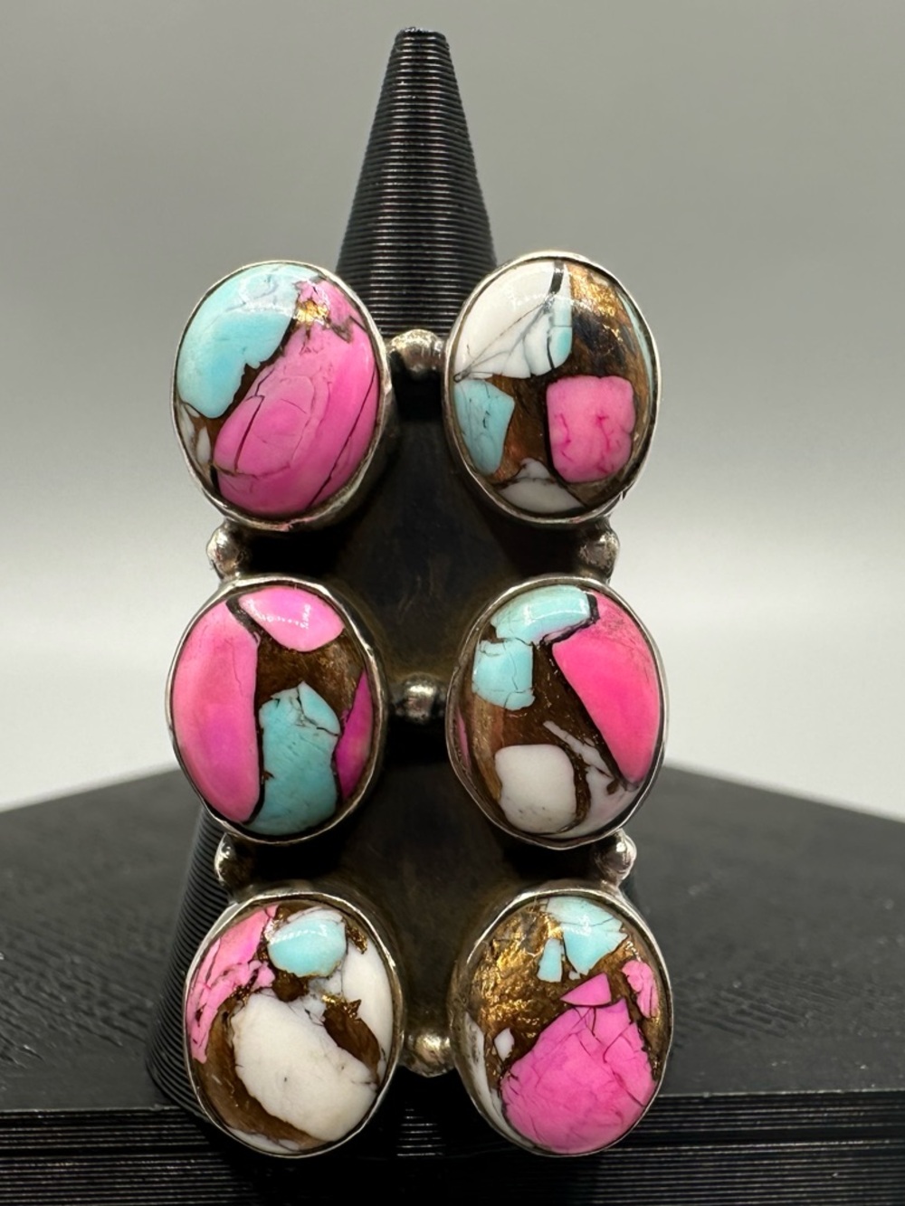 Cotton Candy Dahlia Turquoise Sterling Silver 925 Handmade Adjustable Bar Ring